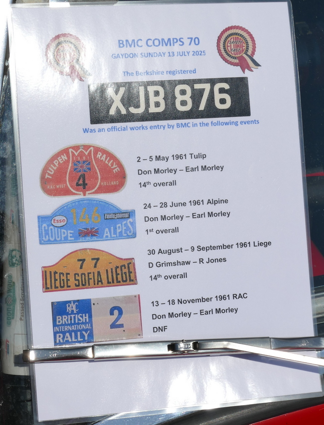 1961 Austin Healey 3000 Works Rally Car XJB 876. information sheet.