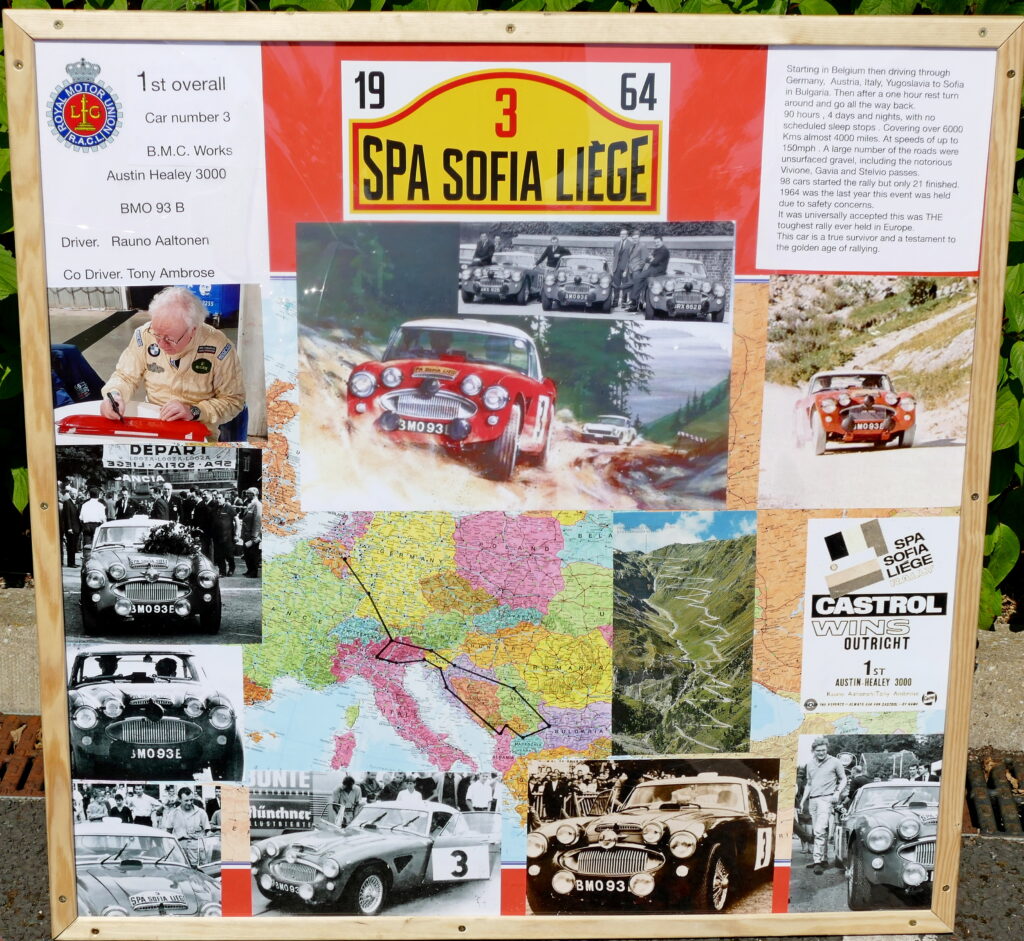 1964 Liege-Rome-Liege Rally winning Austin Healey 3000 BMO 93B. Information board.