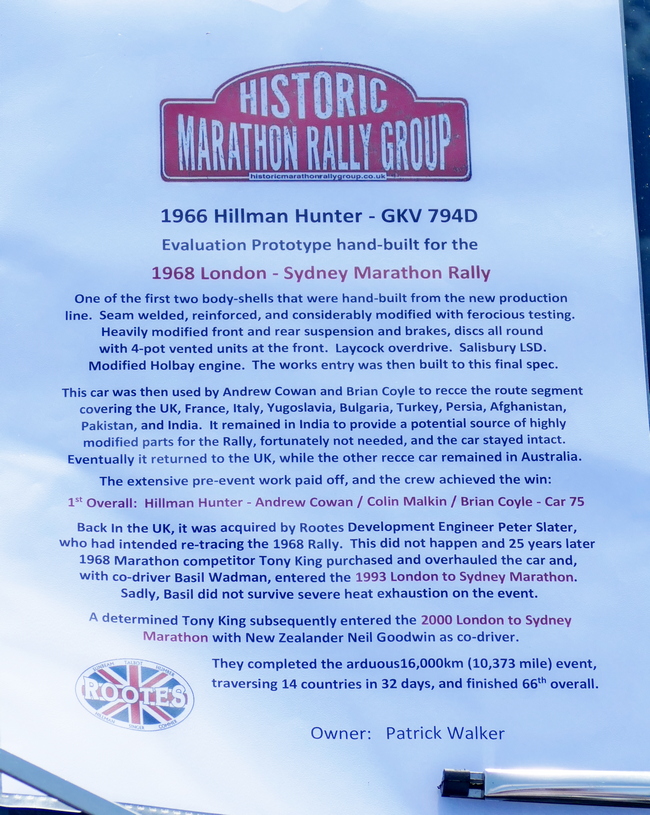 1966 Hillman Hunter Recce car for the 1968 London to Sydney Marathon Rally. Information sheet.
